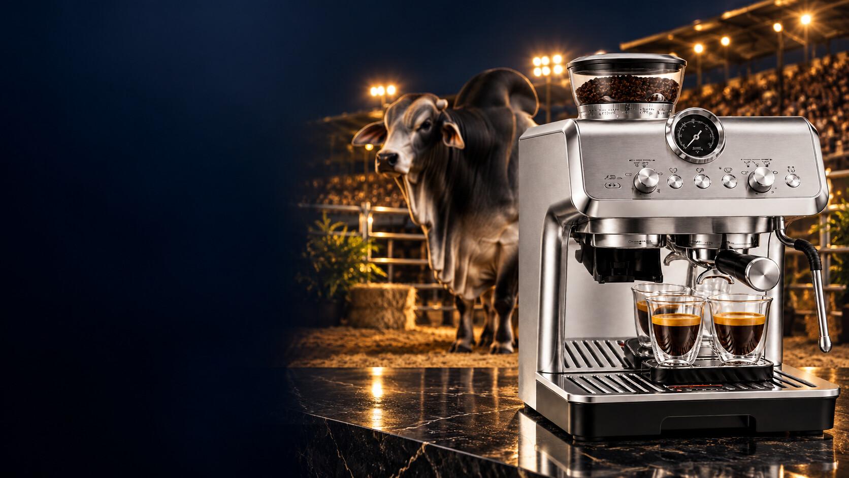 Cafetera De’Longhi La Specialista sobre una barra, con un toro cebú en el ruedo de FEXPO al fondo